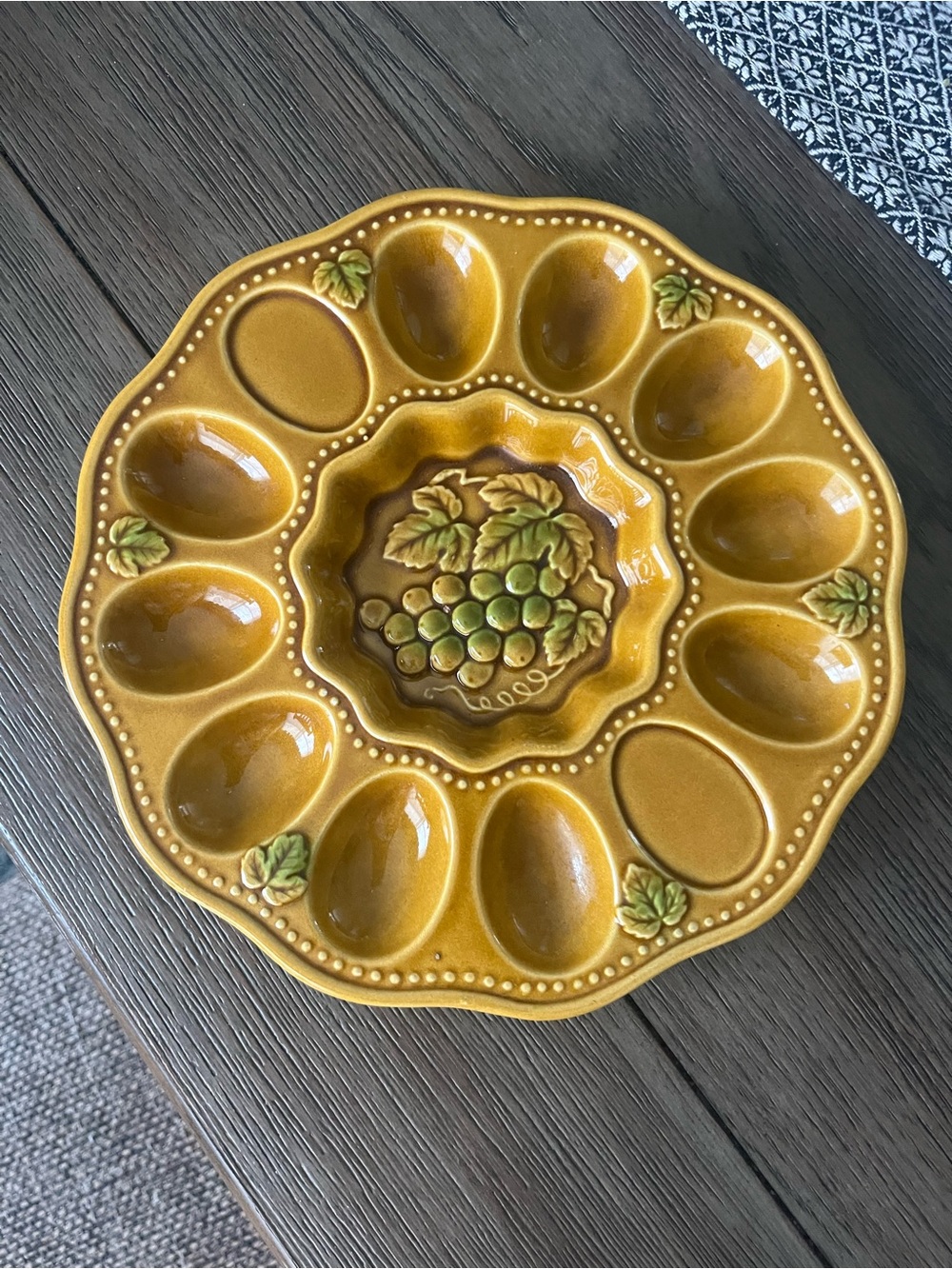 Ceramic Mustard Yellow Deviled Egg Platter with Grape Motif